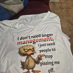 Women's V-neck Graphic White Tee with Angry Cartoon Bird & Bold Text